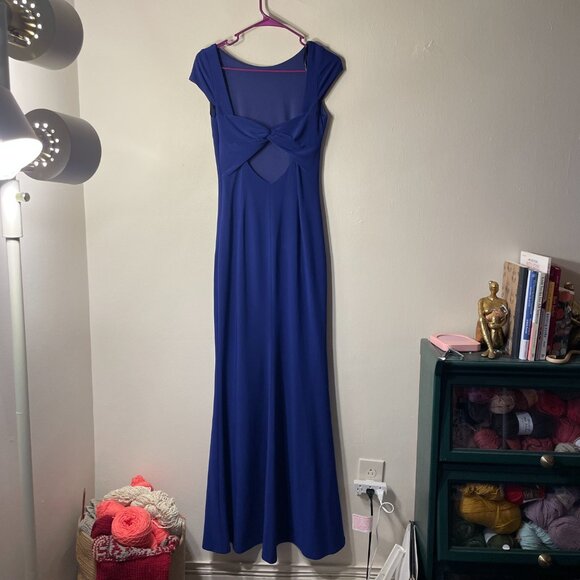 🔥 Betsy & Adam | Cobalt Blue Long Cap Sleeve Twist Back Formal Trumpet Gown 2 - Picture 2 of 5